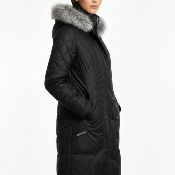 NWT Calvin Klein Womens Black Long Puffer Parka Fur Hood Winter Jacket Coat (S) - Picture 7 of 8